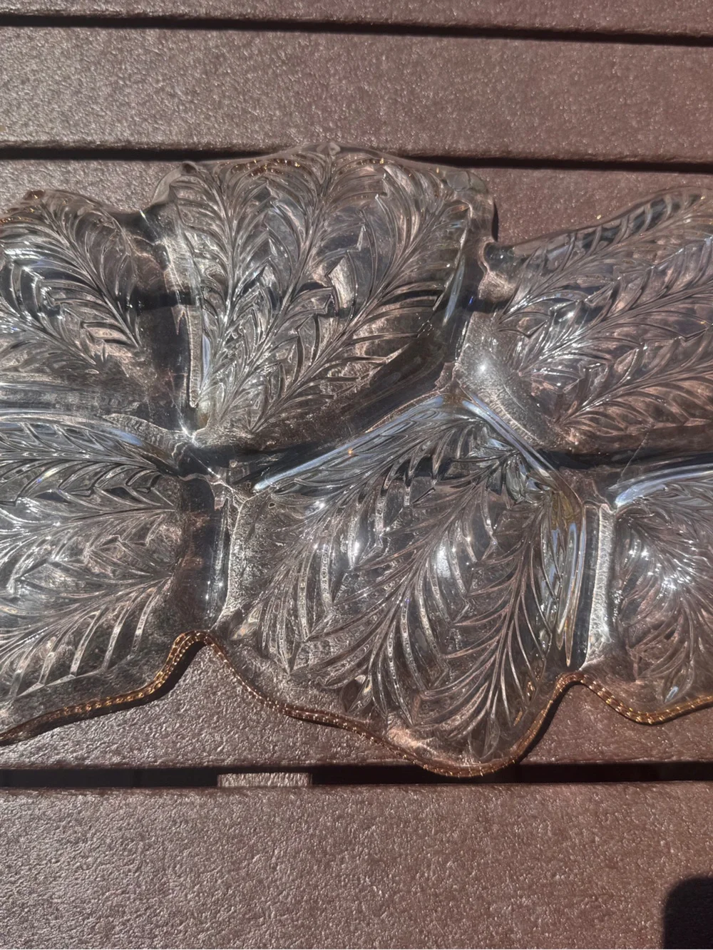Clear Glass Leaf Serving Tray with Gold Beaded Rim
